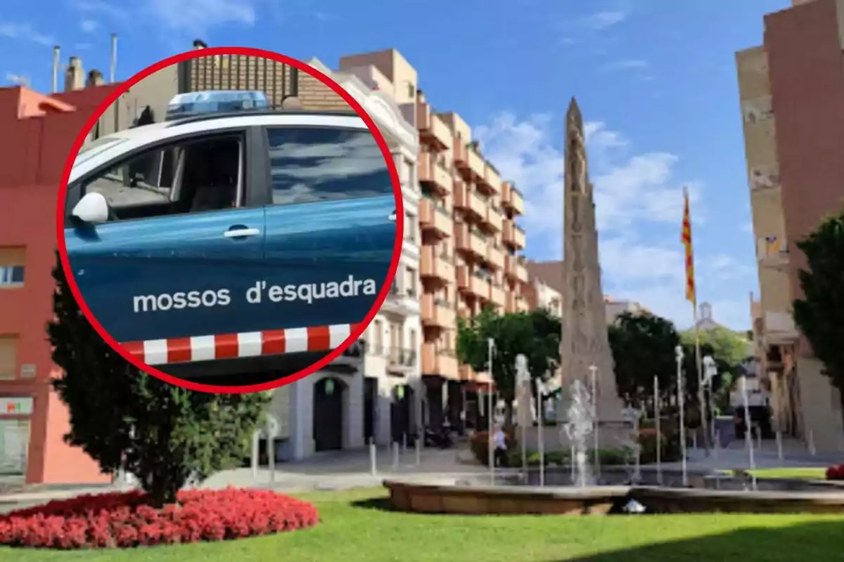 Una imagen de un coche de los Mossos d'Esquadra en un recuadro sobre una plaza con una fuente y un obelisco en el centro, rodeada de edificios y con una bandera catalana ondeando.