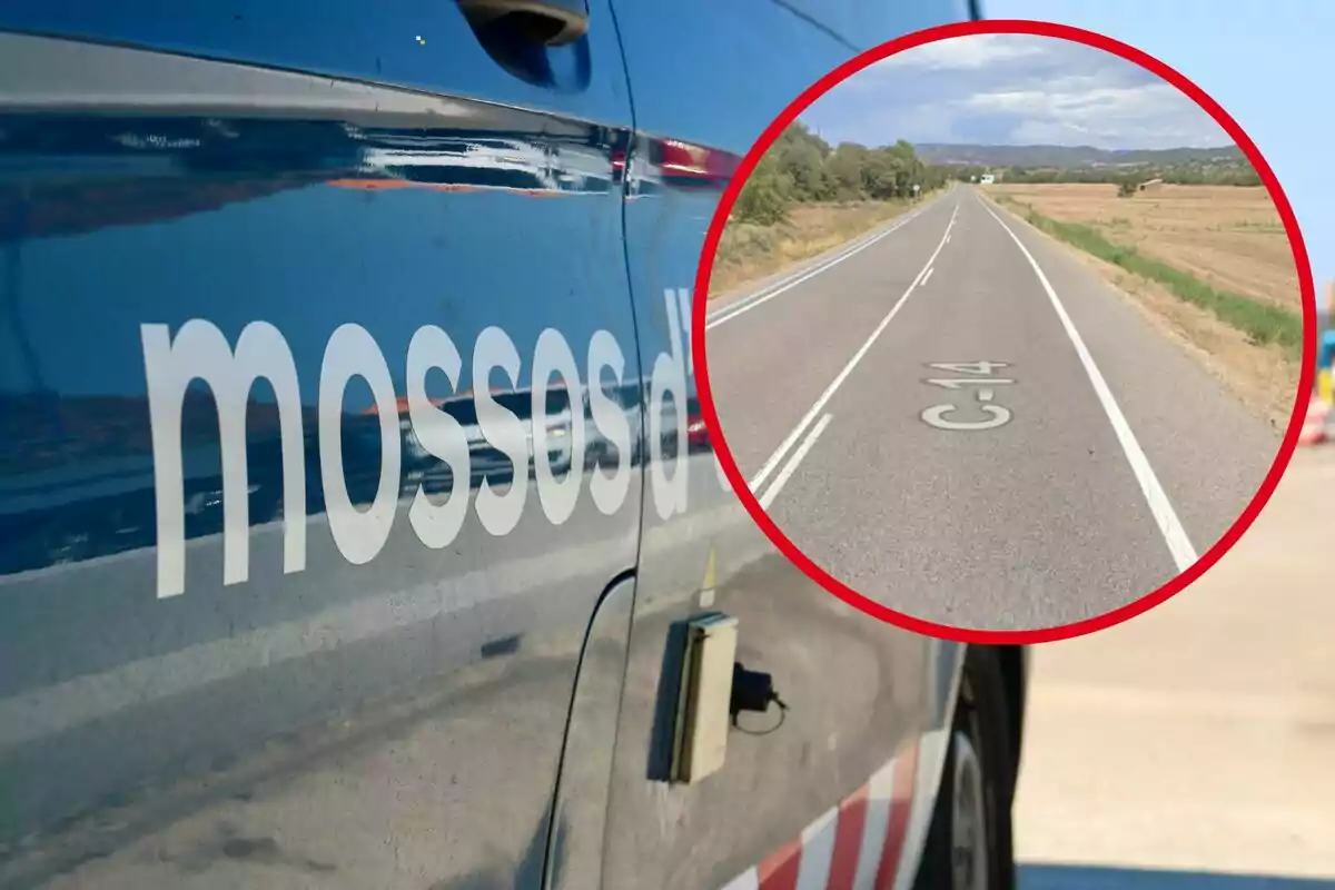 Vehículo de los Mossos d'Esquadra con una imagen insertada de la carretera C-14.