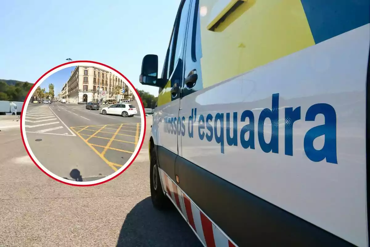 Una furgoneta dels Mossos d'Esquadra estacionada a un carrer, amb un requadre que mostra una intersecció vial.