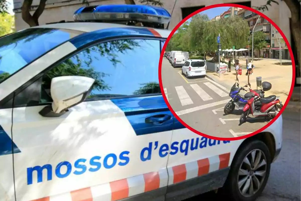 Un cotxe dels Mossos d'Esquadra està estacionat a un carrer, i en un requadre es mostra una intersecció amb una zona d'estacionament per a motocicletes i diversos vehicles aparcats.