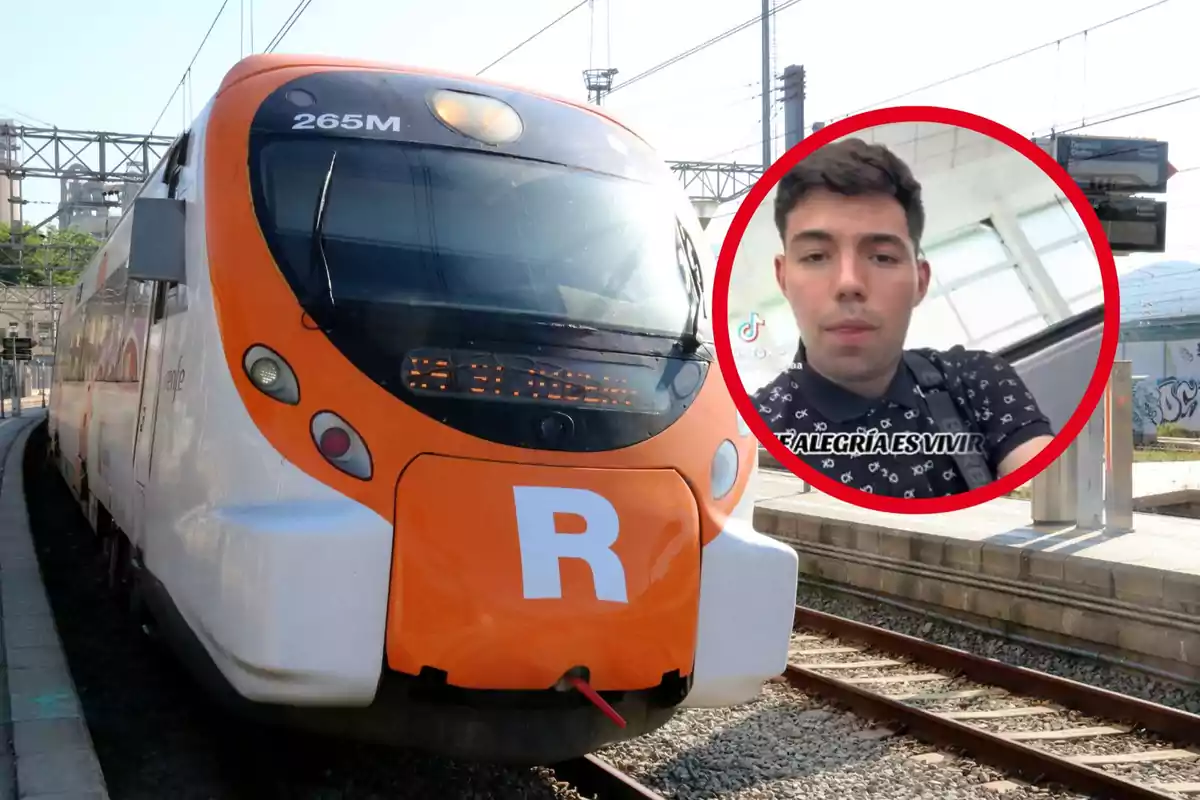 Un tren de rodalies amb la lletra "R" a la part frontal i la imatge d'un home en un cercle vermell superposada a la cantonada superior dreta.