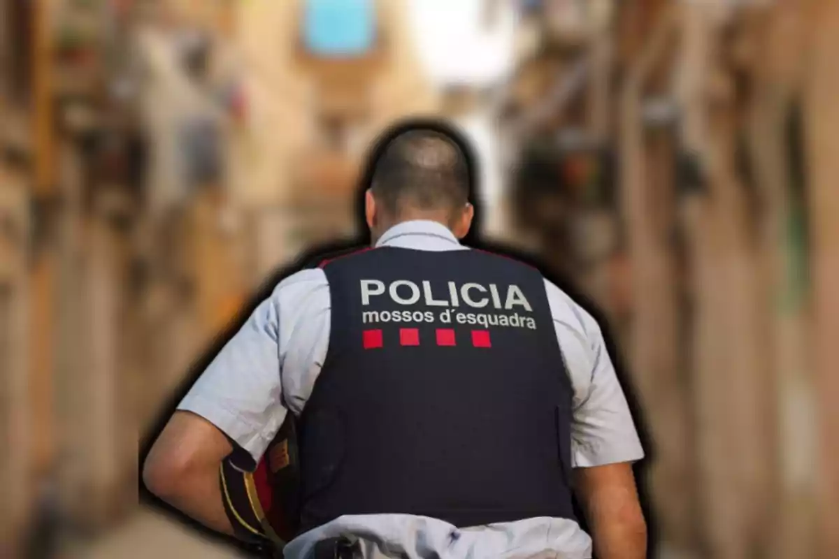 Un agent de policia dels Mossos d'Esquadra vist d'esquena, amb una armilla que porta la inscripció "POLÍCIA mossos d'esquadra", en un entorn urbà desenfocat.