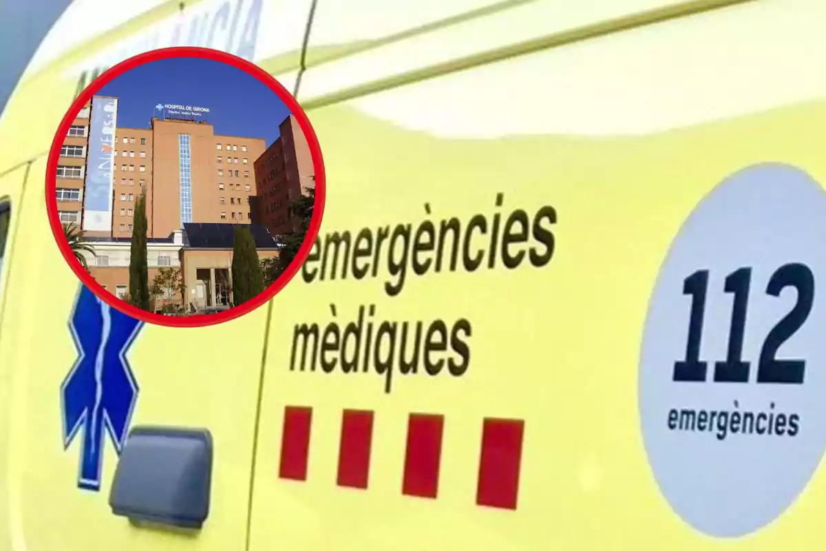 Una ambulància groga amb la inscripció "emergències mèdiques" i el número d'emergència 112, amb una imatge circular superposada d'un hospital.