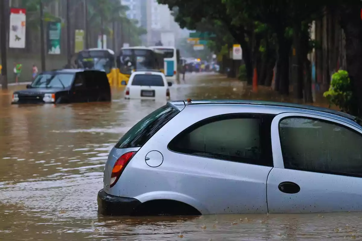 Coches atrapados en una calle inundada durante una fuerte lluvia.