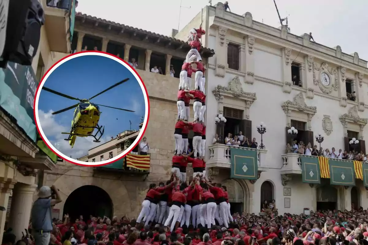 Persones formant una torre humana en una plaça, amb un helicòpter groc en un cercle superposat a la imatge.