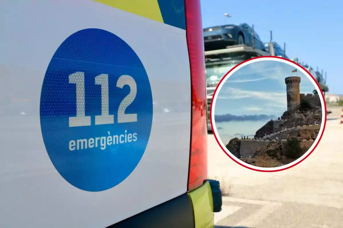 Un vehicle d?emergències amb el número 112 i una imatge inserida d?una torre en un turó.