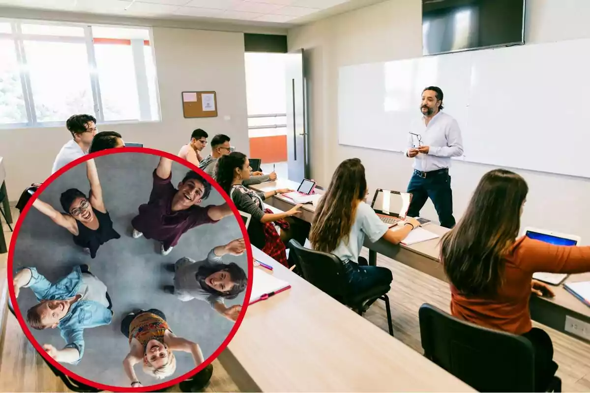 Muntatge amb imatge d'estudiants en una classe. A la cantonada inferior esquerra, dins d'un cercle, estudiants contents