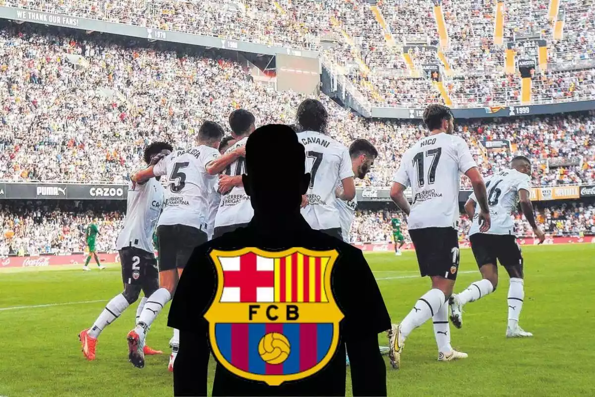 Muntatge amb els jugadors del València CF a Mestalla i una ombra negra al centre amb l'escut del Barça