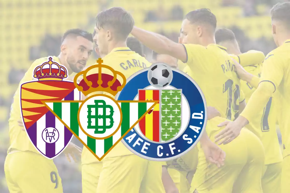 Escudos de Real Valladolid, Real Betis y Getafe y los jugadores del Villarreal B