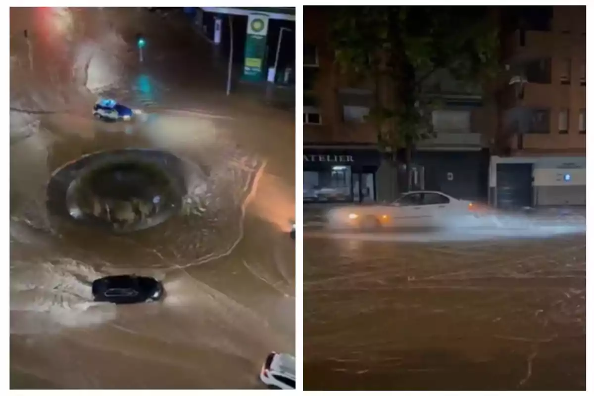 Inundació a la ciutat amb cotxes circulant per carrers negats.