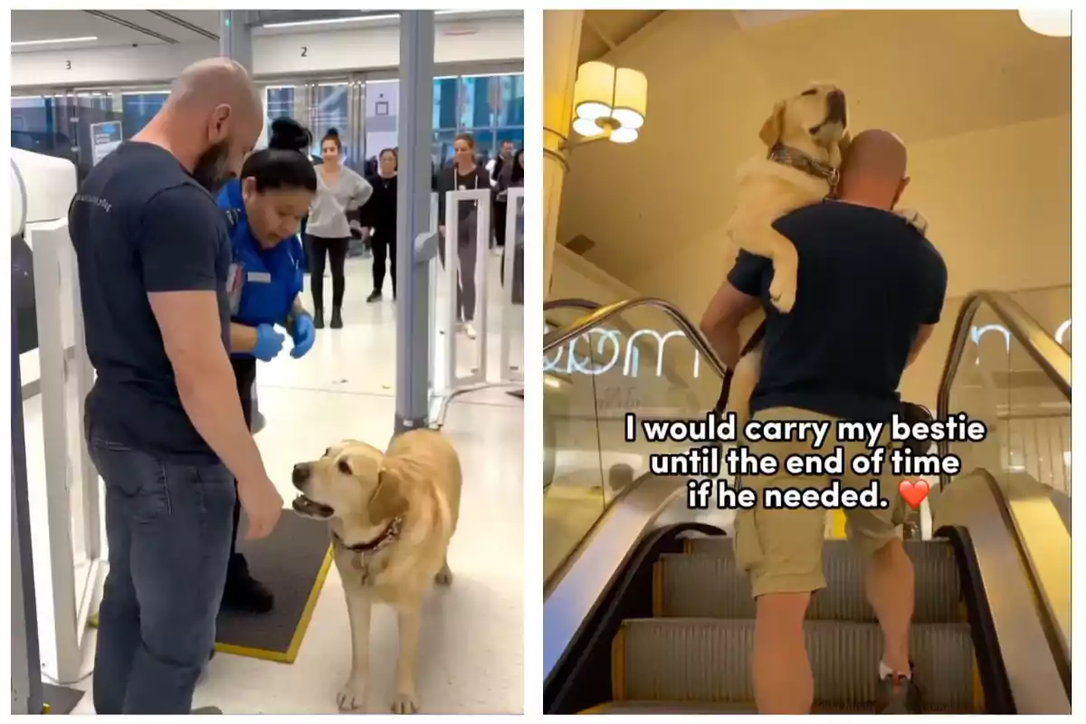 Un home passa amb el gos per un control de seguretat en un aeroport i després el porta als braços mentre puja per una escala mecànica.