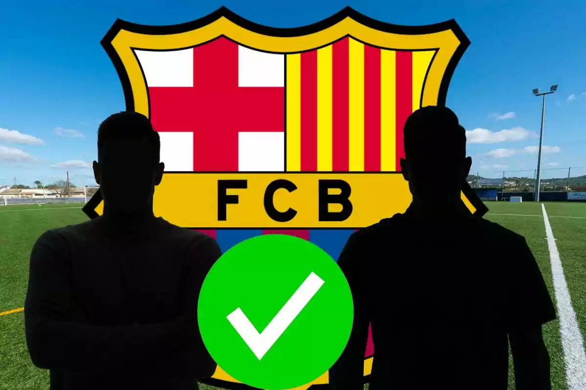 Dos siluetas frente al escudo del FC Barcelona con un símbolo de verificación verde en primer plano.