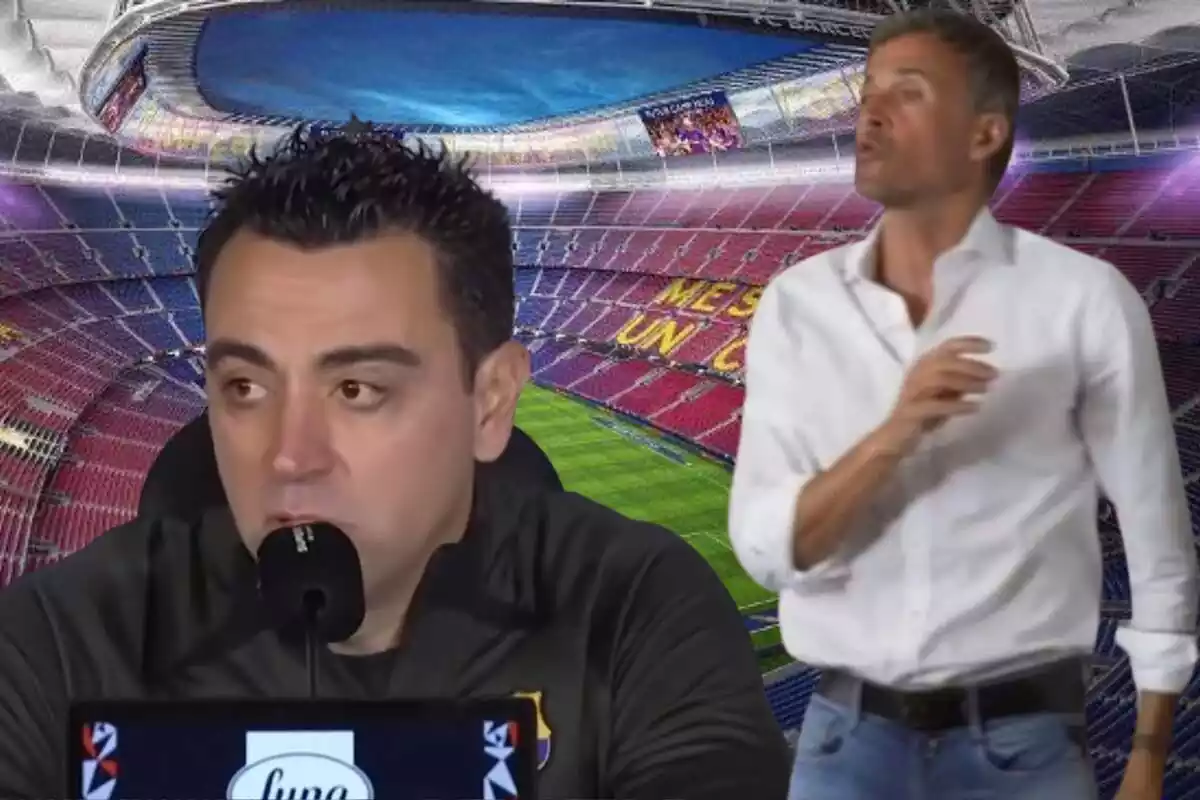 Muntatge amb una imatge del Camp Nou de fons. En primer terme, a l'esquerra, Xavi Hernández atenent la premsa. A la dreta, Luis Enrique parlant drets