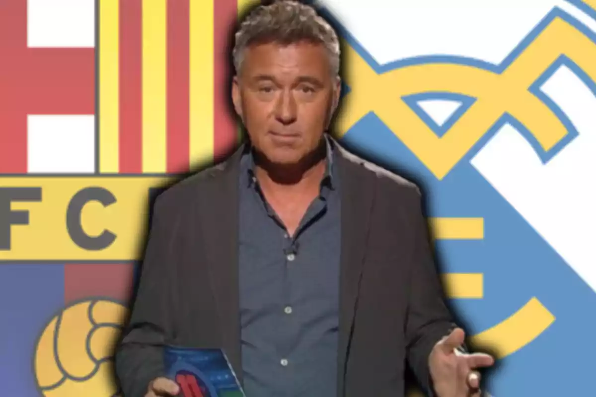 Xavier Valls y los escudos de Barça y de Madrid