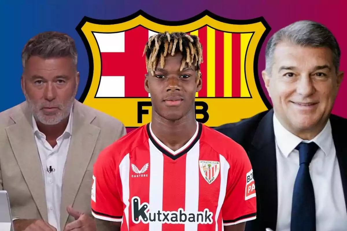 Tres homes, un amb una jaqueta beix, un altre amb una samarreta de futbol de l'Athletic Club de Bilbao i el tercer amb vestit i corbata, amb l'escut del FC Barcelona de fons.