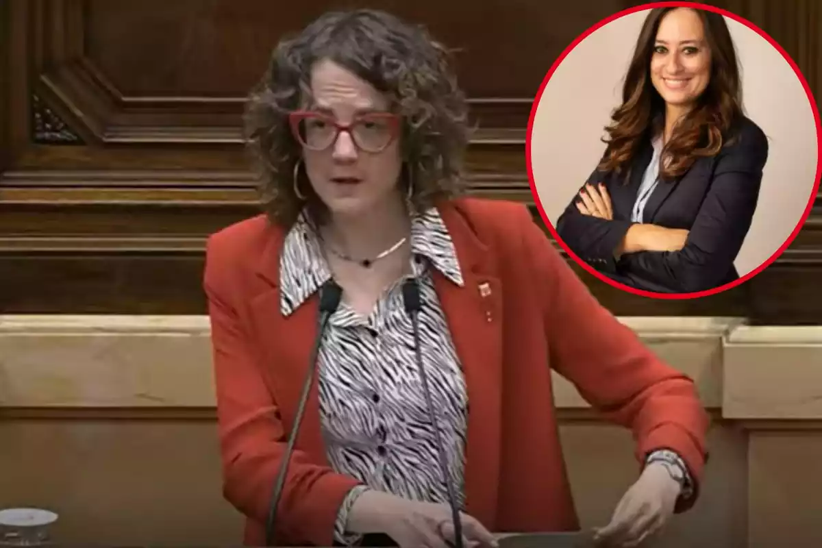 Muntatge amb Tània Verge al Parlament de Catalunya i un cercle amb Aurora Fornós a dalt a la dreta
