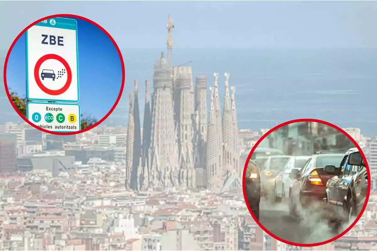 La imatge mostra una vista de la Sagrada Família a Barcelona amb dos cercles vermells superposats, un amb un senyal de trànsit que indica una zona de baixes emissions (ZBE) i un altre amb una imatge de cotxes emetent gasos contaminants.