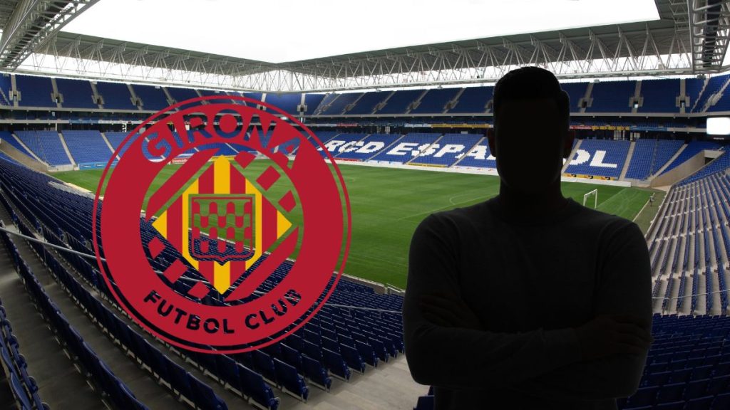 Muntatge en que apareix el camp de l'Espanyol i l'escut del Girona