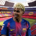 Muntatge en què es veu Lamine Yamal al Camp Nou