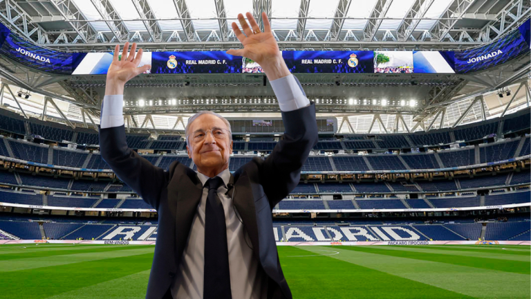 Muntatge en què es veu el president del Real Madrid al Bernabeu