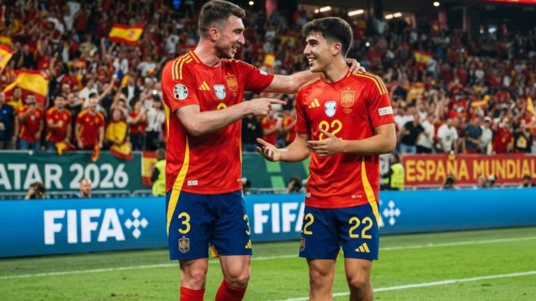 Pau Cubarsí i Aymeric Laporte durant un partit amb Espanya al Mundial 2026