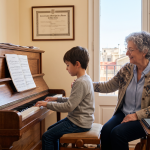 Una dona, ja jubilada, fa classes de piano a un nen