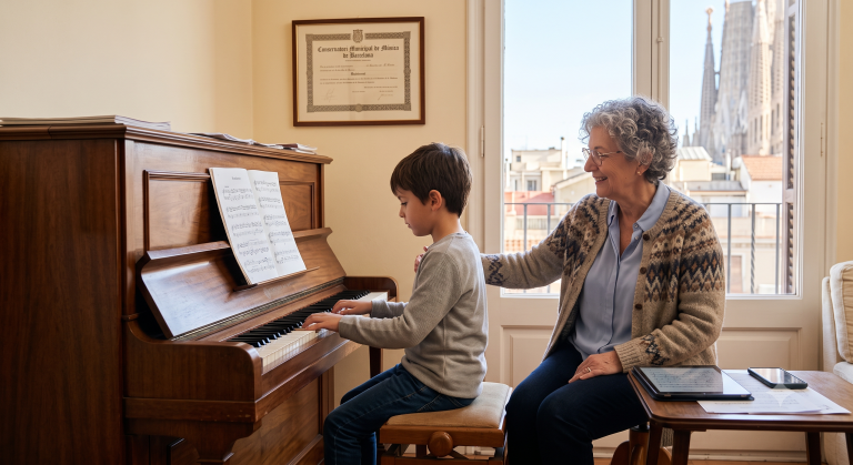 Una dona, ja jubilada, fa classes de piano a un nen